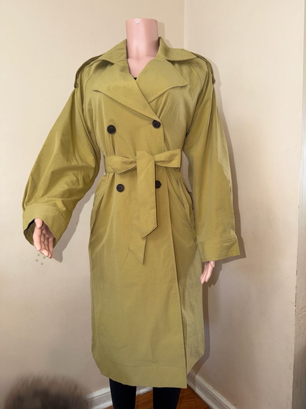 a new day Olive Green Double-Breasted Trench Coat